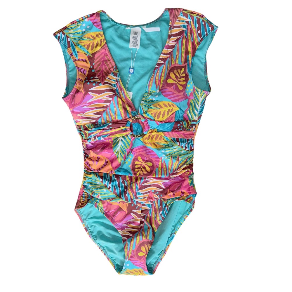 Bleu Rod Beattie Womens Size 4 One Piece Swimsuit Turquoise Pink NWT
